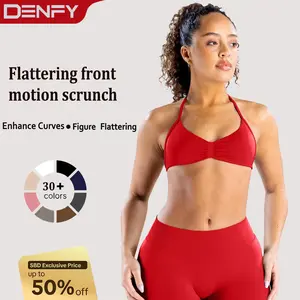 DENFY Impact Strappy Bra Gymwear Fitness Halter Sports Bra Open Back Padded Sportswear Gym Workout Women Seamless Tank Tops Low Impact Gym