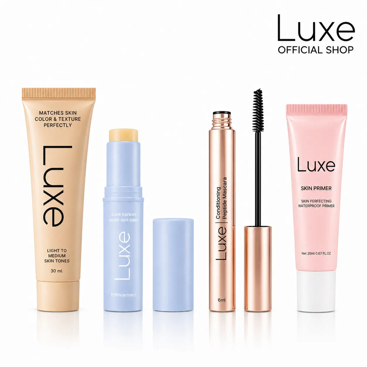 [Luxe Official] Flawless Beauty Routine Set | Foundation, Under-Eye Balm, Mascara & Primer for Smooth, Radiant Makeup