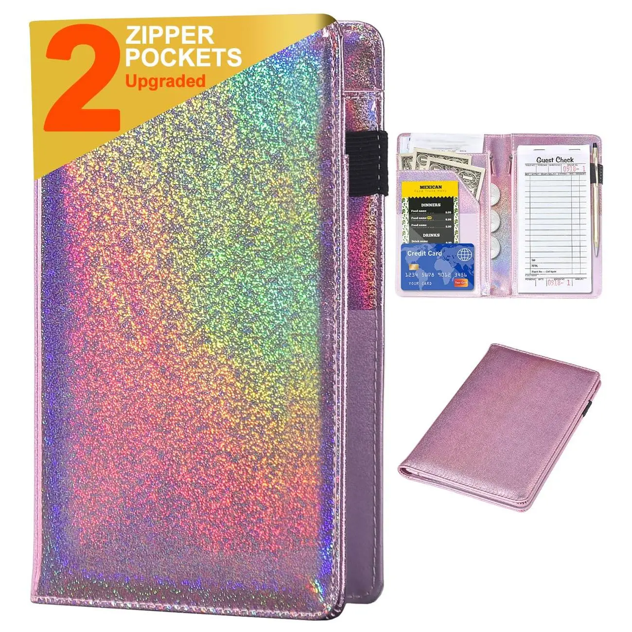 Glitter Rose Server Books for Waitress with 2 Zipper Pockets Durable Practical Organizer Fits Server Apron Holographic Rainbow Material Easy to Clean