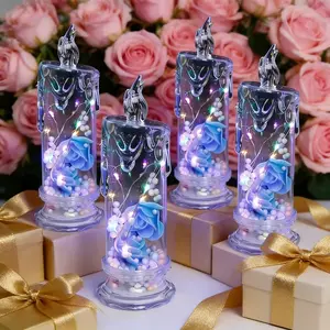 Set of 4 Multicolored Rose Flame-Free Candles Creative Ambiance Romantic Candles LED Realistic Electronic Candles with Preserved Flowers Night Light Decorative Piece Halloween Gifts Christmas Gifts Wedding & Proposal Decorations Best Friend Birthday Gifts
