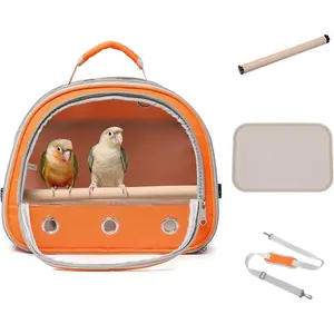 Lightweight Transparent Ventilation Bird Carrier Backpack for Small Birds Parakeet Parrot Budgie Cockatiels, Travel Bird Cage with Perch for Outdoor Use (Orange)