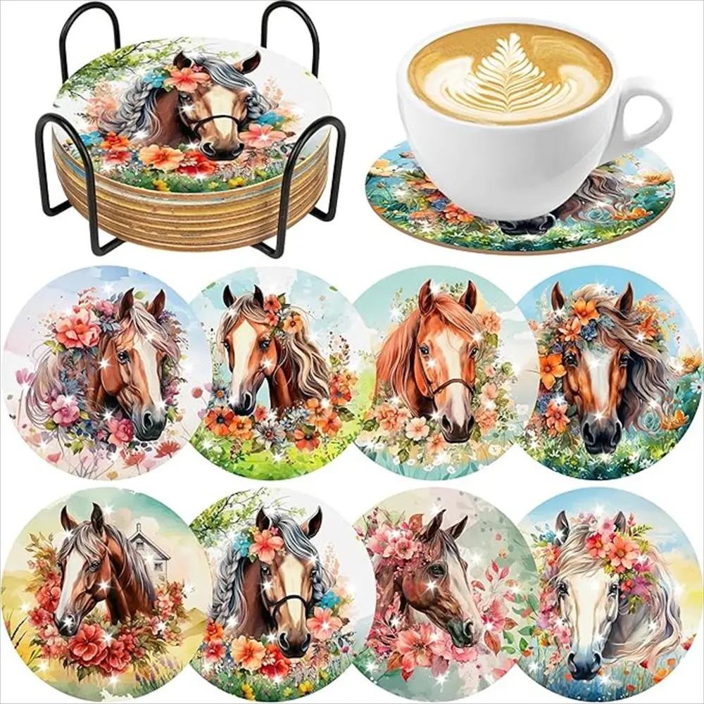 8-Piece Diamond Painted Coaster Set Horse Pattern (with Stand), DIY Diamond Art Craft Kit Diamond Pattern Design for Beginners, Home Decor Gift, Diamond Painting Kits