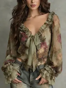 Women's Bohemian Vintage Floral Print V-Neck Bell Sleeve Chiffon Shirt, Elegant Summer Top, Lightweight & Flowy Design, Perfect for Casual Wear