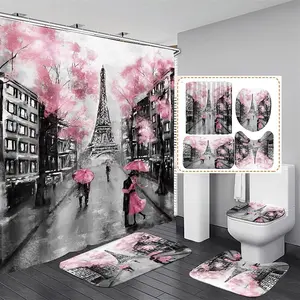 Paris Eiffel Tower Shower Curtain Set - 4 Piece Waterproof Polyester Bathroom Decor with Rug & Toilet Lid Cover - Modern Design - 12 Hooks Included