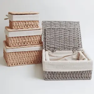 Wicker Basket with Lid Paper Rope Storage Baskets for Shelves Large Storage Bin with Removable Liner Nesting Decorative Woven Basket for Makeup Closet Organizer Large Khaki