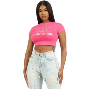 Sheteka Hot Pink Rhinestone Crop Baby Tee Shirt