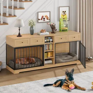 82” Large Dog Crate for 2 Dogs, Dog Kennel Indoor with 4 Drawers and Shelves, Double Dog Crate Furniture TV Stand, Wooden Dog Cage for Medium Large Dogs, Natural removable divider