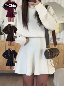 Elegant Knitted Soft Sweater Dress, Womenswear, Half High Neck Long Sleeve, Pure Color, Loose Fit, Casual Fashion, Chic, Small Batch Design, Slimming Set, Everyday, Basic