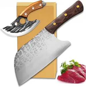2PCS Outdoor BBQ Butcher Knife Set, Serbian Meat Cleaver & Viking Knife with Leather Sheath, Ultra Sharp High Carbon Steel Blade, Perfect Gift for Camping BBQ Lovers Men, for Picnic Home Cooking Meat Cutting