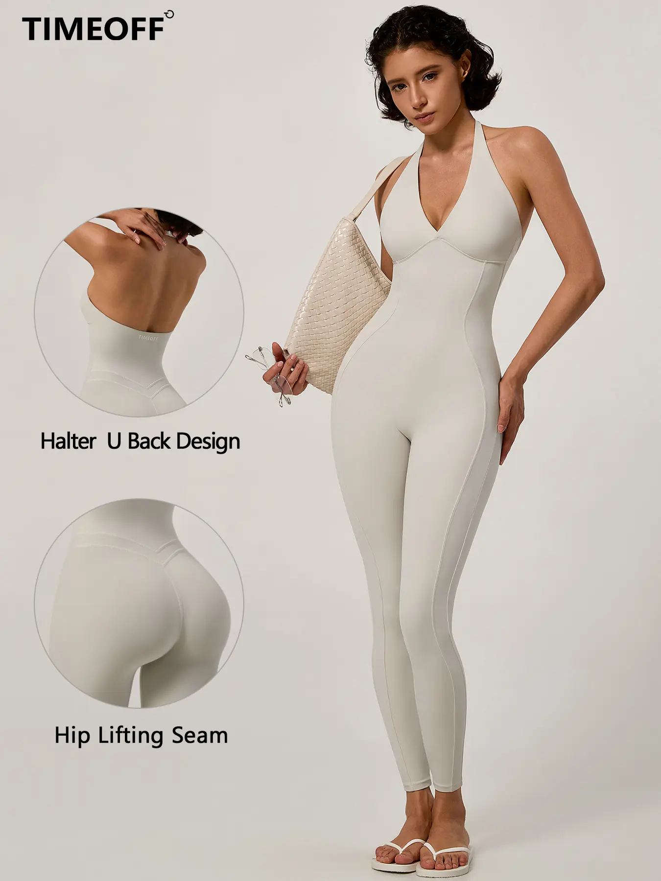 TIMEOFF Women's Halter U Back Full Length Workout Jumpsuit, Contour Hip Lifting Seam & 4-Way Stretch Naked Soft Fabric, One-Piece No Chafing & Body Sculpt Fit for Yoga, Pilates, Gym Training & Daily Casual Outfits