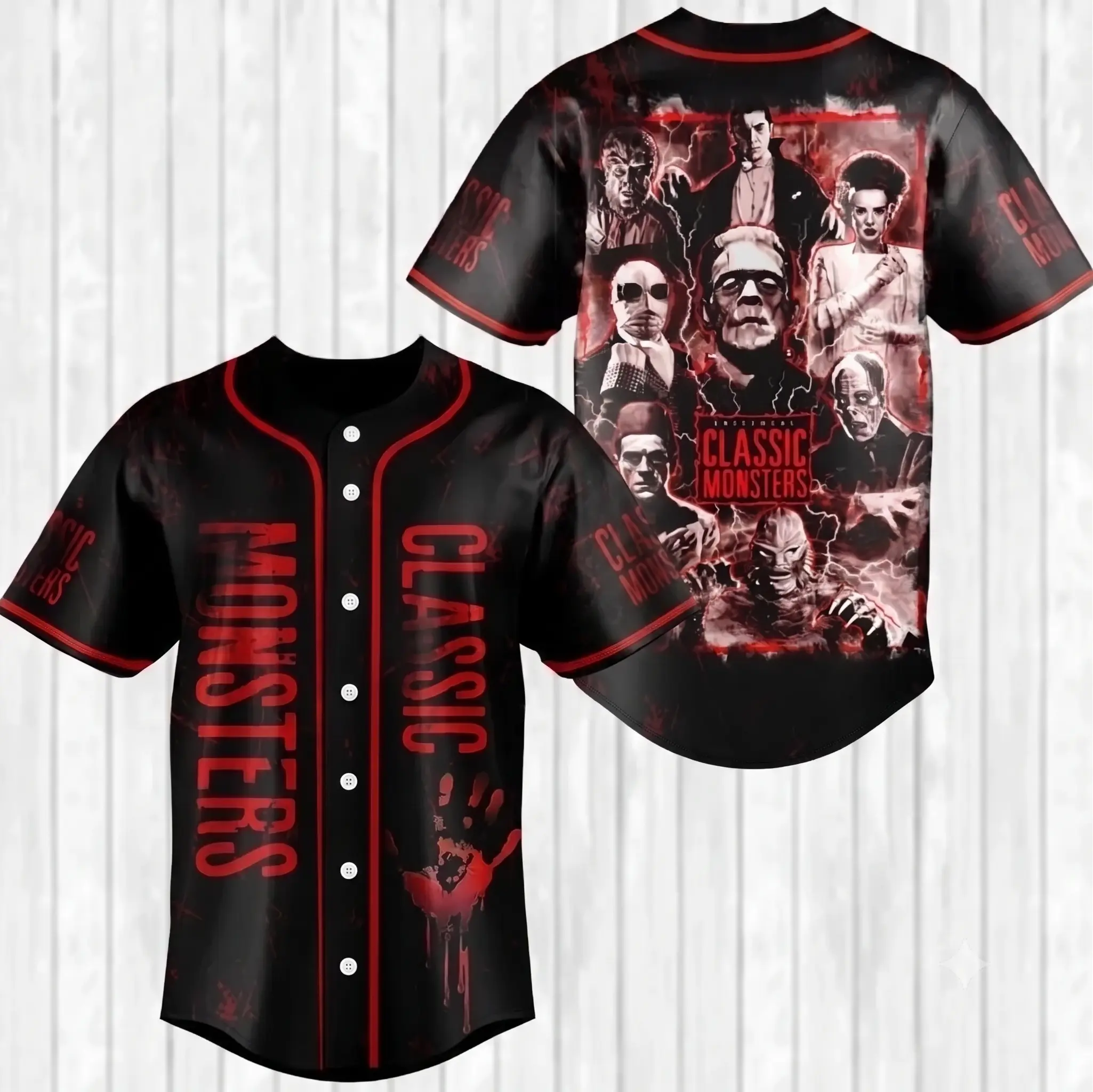 Monster Classic Halloween Horror Character Movie Print Baseball Jersey, Gothic Horror Sports Outfit