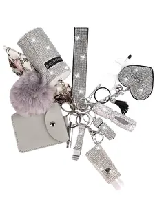 11-Piece Set Fashion Women's Rhinestone Safety Keychain suit Wristband Keychain Belt Storage Bag and Pompom Card Bag Accessories Kit Fashionable and Strong Material Suitable for Family and Friends Bag Charm Keychain Keychain for Bags