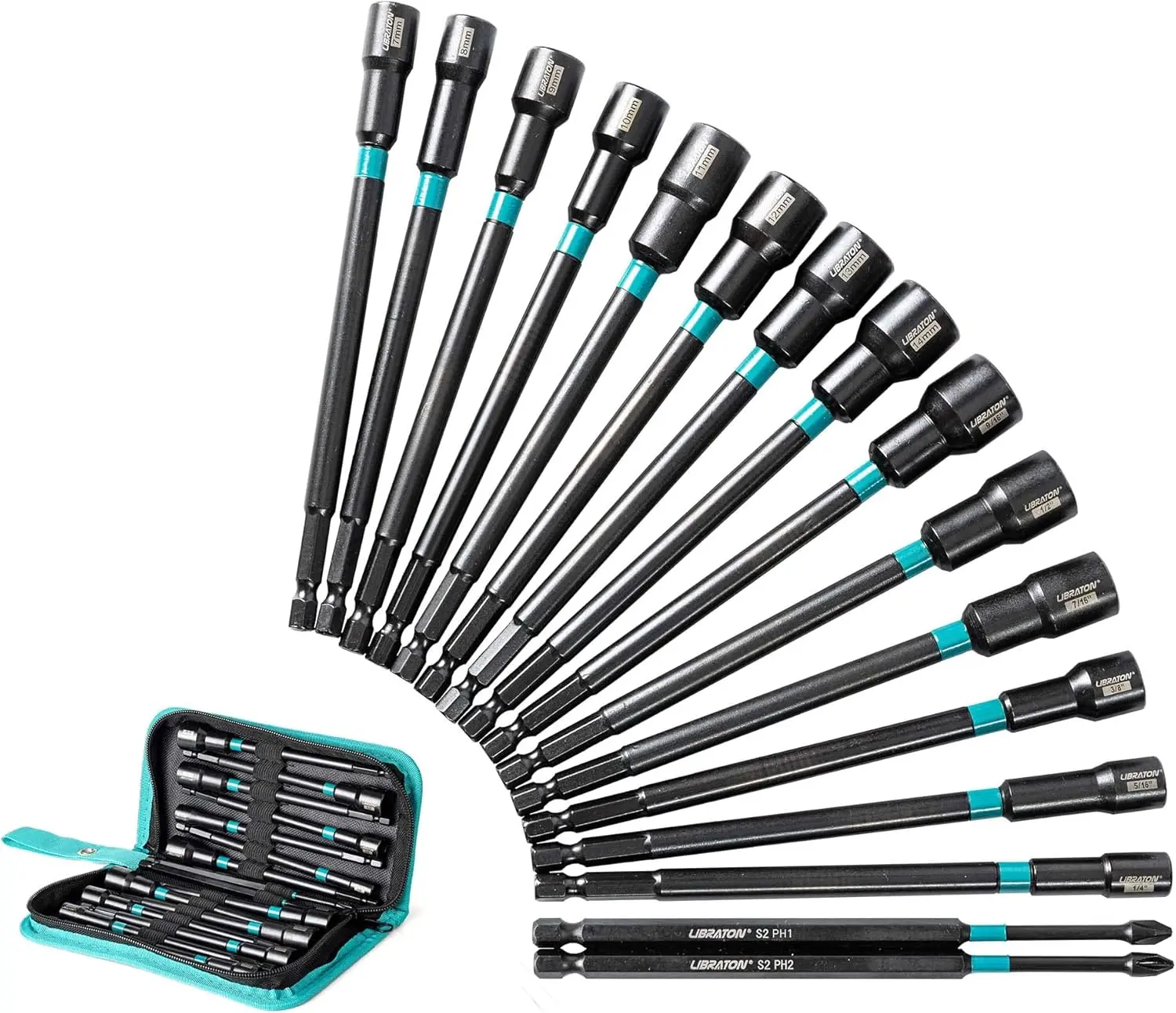 Libraton 16PCS Magnetic Nut Driver Set, Long Nut Drivers 6INCH, Metric & SAE Nut Drivers for Impact Drill, Long Shank Nut Driver Bits, 1/4"Hex Shank, Long Power Bits, PH1, PH2, with Storage Bag fathersdaygift