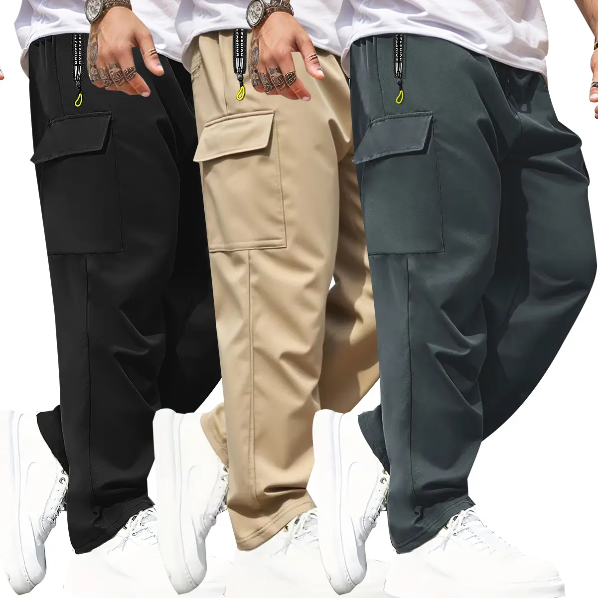 Men's Plain Body-Fitting Athleisure Pants - Menswear with Multiple Zipper Pockets, 100% Poly Men's Pants for Daily & Work Casual Wear (Black, Gray, Navy Blue), Stylish Essential, Trouser, 100% Polyester, Athletic Men's Pants