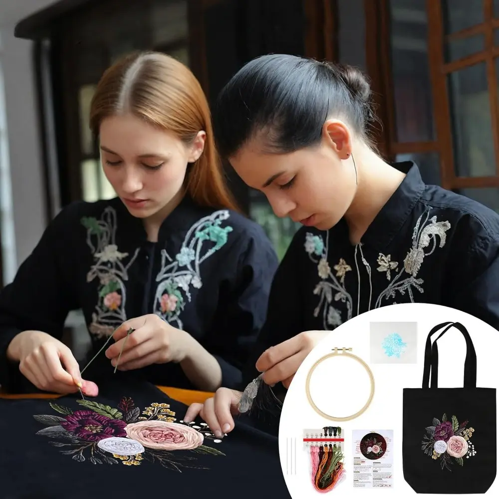 Floral Embroidery Canvas Bag Complete Kit - Kitchen Specialty Craft Accessory Kit with Pattern Hoop, Color Threads, Beginner Tools - DIY Gift for Adults for Christmas, Thanksgiving, Mother's Day, Friends