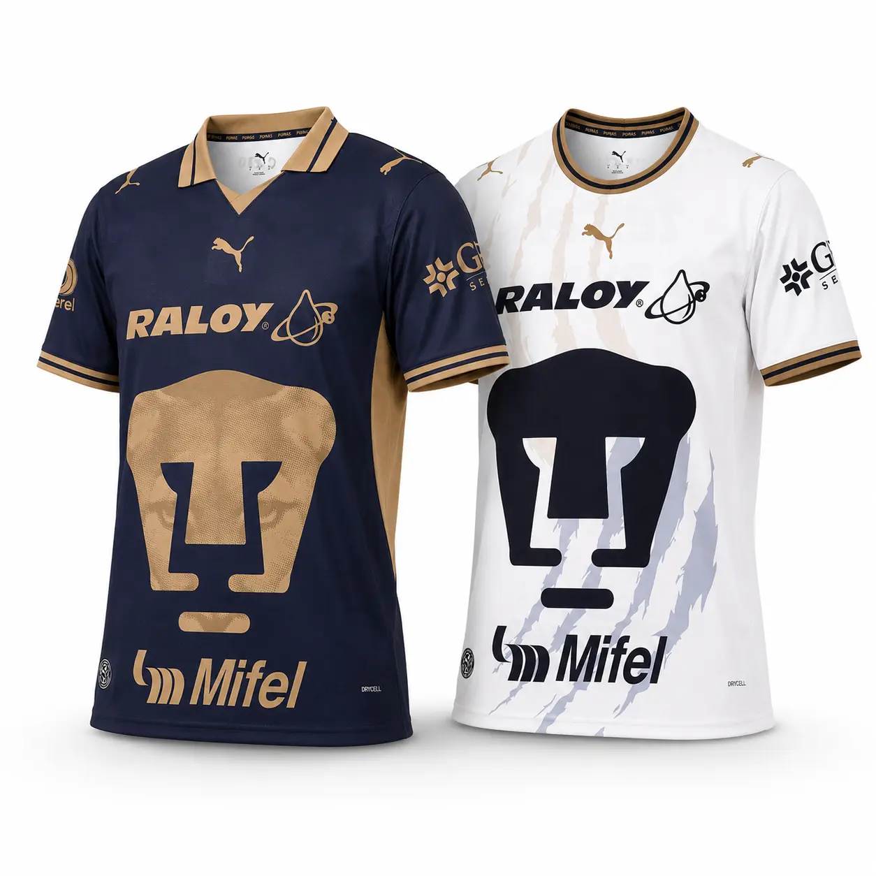 Unisex Pumas UNAM 2026/27 Liga MX Home & Away Replica Soccer Jerseys – Navy Blue or White Football Shirts with Gold Accents, Giant Puma Graphic, Claw Mark Pattern, Short Sleeves, Breathable Match Day Fan Top for Men and Women, Training and Casual Use