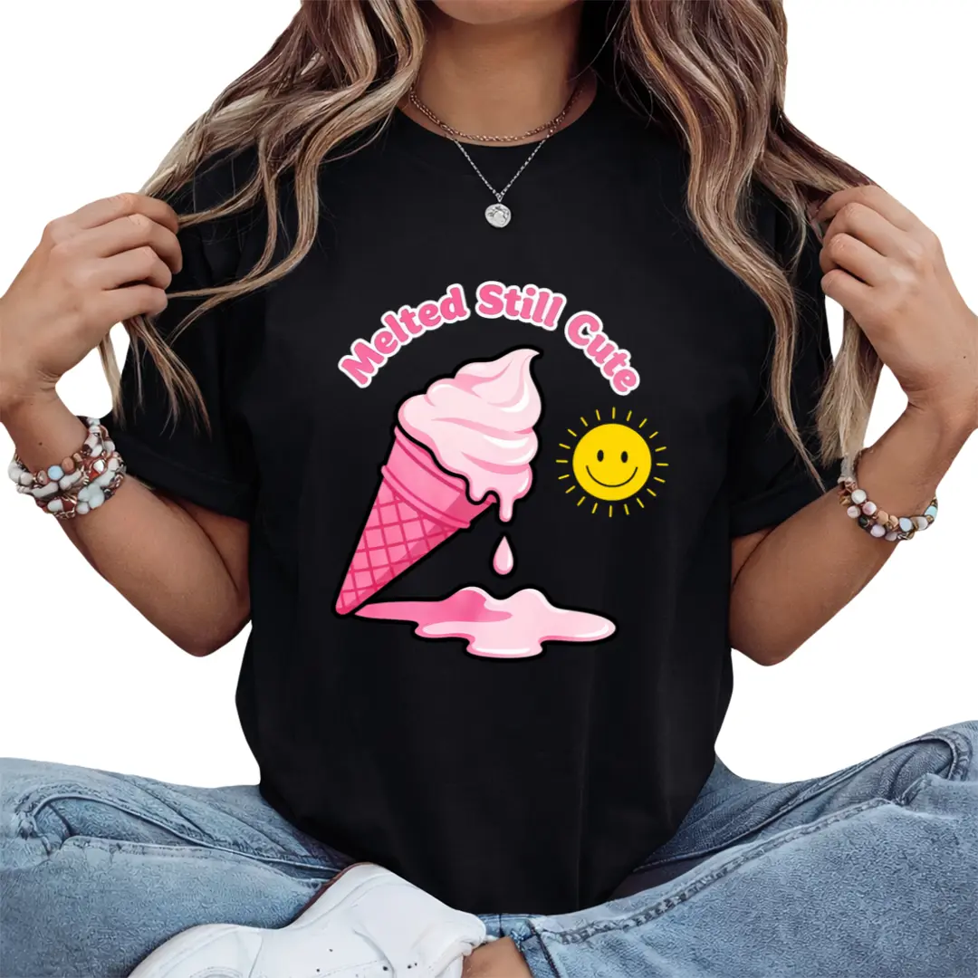 Plus Size, Women's Oversized  Crew Neck T-Shirt Casual Fun Ice Cream And Sun Design Comfortable And Breathable Summer Exclusive