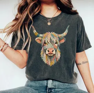 Comfort Colors Highland Cow Patchwork T-Shirts, Rustic Quilted Cow TShirt, Cottagecore Farm Animal Tee, Boho Chic Apparel, Unique Faux Fabric Art Top