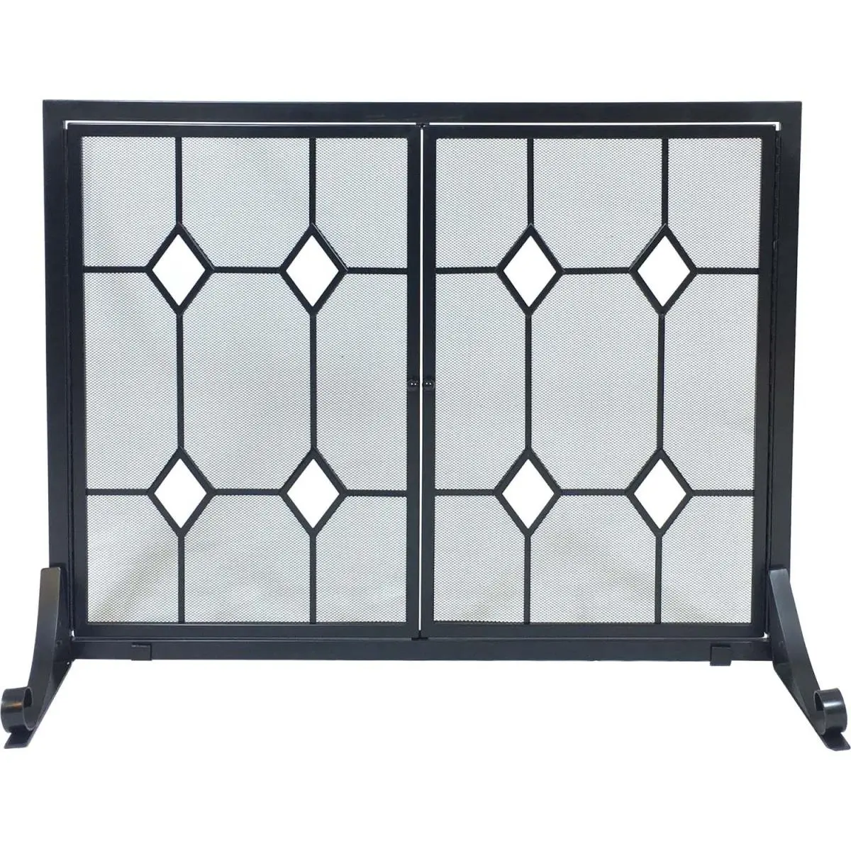 212 MAIN Fireplace Spark Guard Screen, Dagan Glass Diamond Design Wrought Iron Panel with Doors, Black & Glass, Steel Frame, 44x33.25in, Indoor Use, Requires Assembly