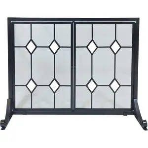 Dagan  Glass Diamond Design Wrought Iron Panel Screen with Doors, Black & Glass
