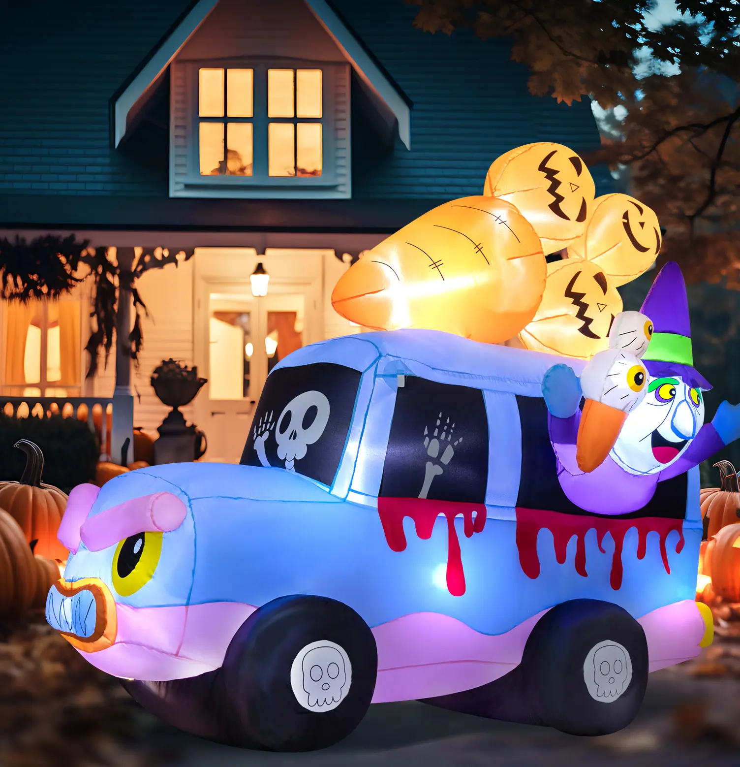 Halloween 8FT Inflatables Outdoor Decorations Wizard Dessert Car with Skull and Pumpkin Ice Cream Blow Up Lighted Yard Decoration for Holiday Party Lawn Garden Decor Green Orange Purple
