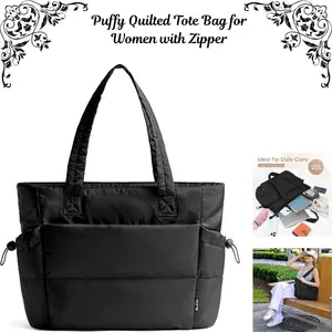 Puffy Quilted Tote Bag for Women with Zipper, Lightweight Puffer Work Bag, Large Travel Shoulder Handbag for Teacher, Nurse & Everyday Use – Mother’s Day Gift