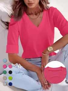 Plus Size Solid V Neck Roll Up Sleeve Tee, Casual T-shirt , Women's Plus Clothing for Daily Wear, Cute Tops, Quality and Durability