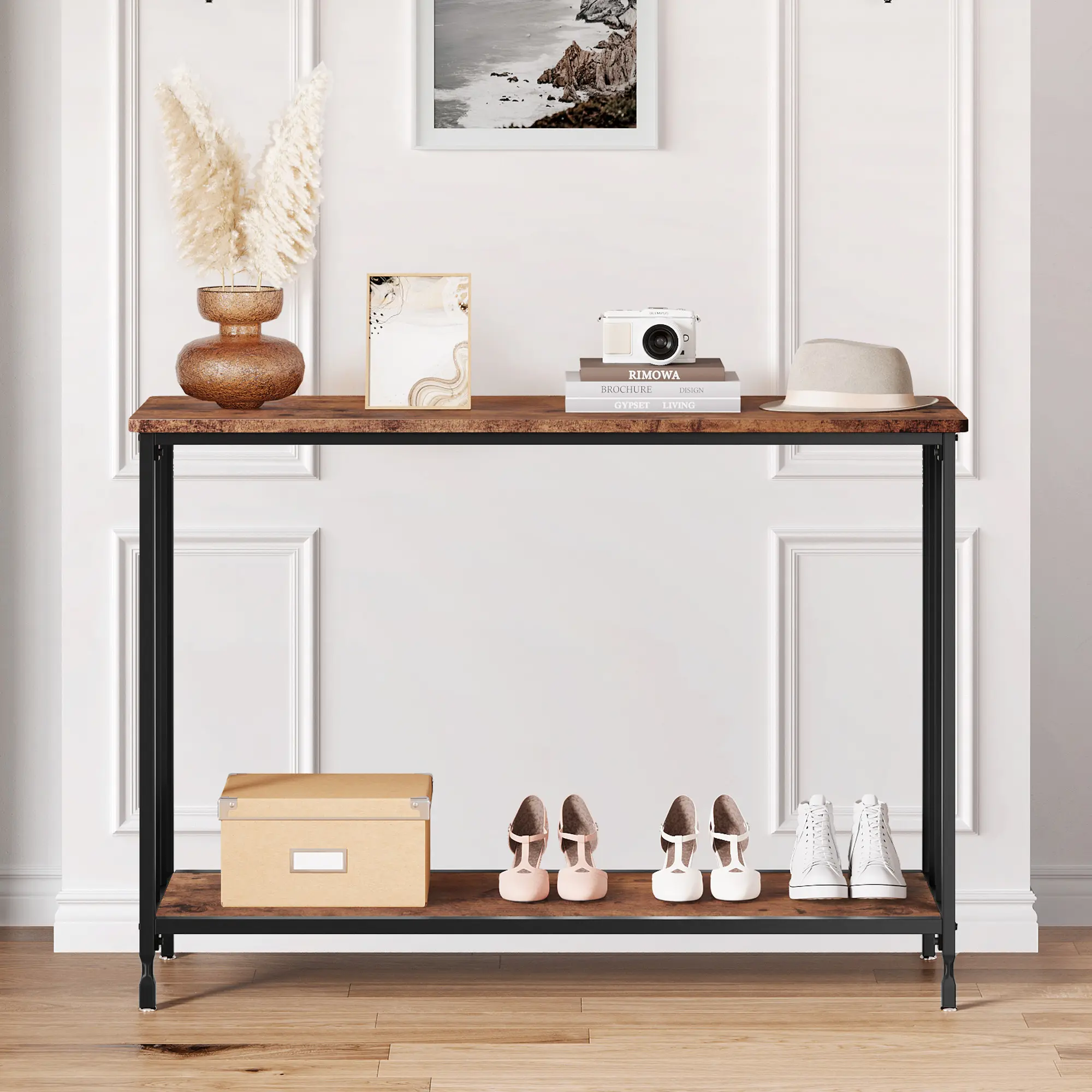 Industrial 2-Tier Narrow Console Table, 41.5”l x 11.8”w x 31.9”h Rustic Slim Sofa Table with Black Metal Frame, Engineered Wood Shelves, Durable Water-Resistant Easy-to-Clean Mark-Proof Space-Saving Accent Furniture for Entryway, Living Room, Durable, Wat