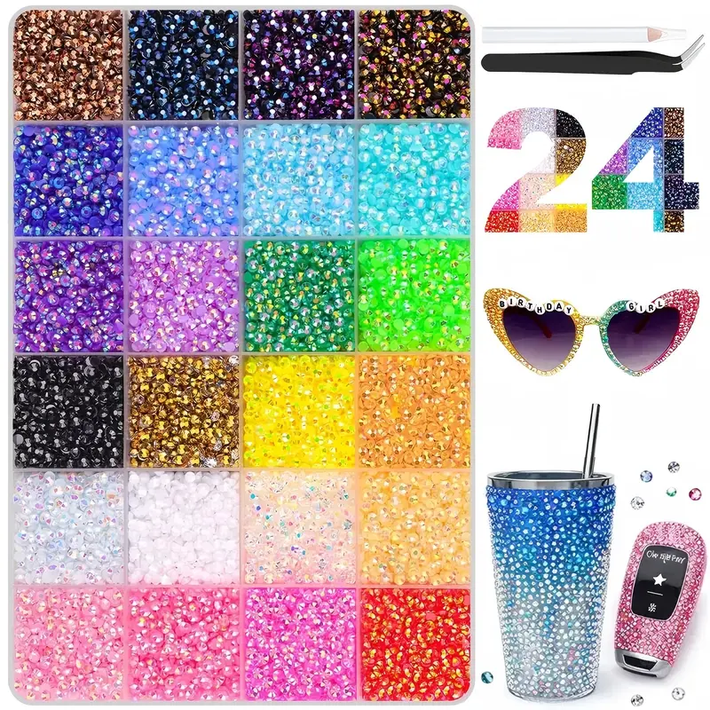 TQIGWRB 24colors-40,000Pcs AB Coating Resin Gemstones Bedazzled Kit with Tools - 3mm Flatback Jelly Fashion Rhinestone Decorated Nail Art Accessories for Manicure Nail Art, DIY Crafts