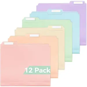 Plastic Manila Folders 8.5 x 11, 12 Pack, Poly Pastel File Folders, 1/3-Cut Tabs with Colorful Labels, Letter Size