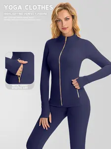 Women's Single-Piece Sports Jacket with Gold Zipper and Pockets, Long Sleeves with Thumb Holes, Designed for Daily Casual Wear, Soft and Comfortable Fitting Without Being Tight, Suitable for All Seasons as Outdoor Sportswear