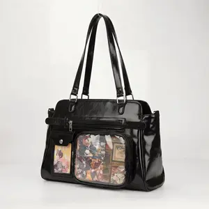 RIVERICH Vintage Ita Shoulder Bag - Gothic PU Tote Bag with Clear Window for Anime Pins & Badge Display | Multi-Pocket Design, Dual Top Handles, Detachable Crossbody Strap | Perfect for Anime Conventions, K-pop Merch, Work & Daily Use