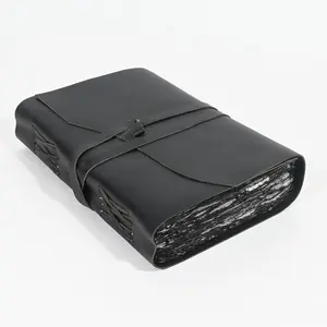 Black Leather Journal - 200 Pages Gray Deckle Edge Rustic Paper, Unlined Pages Book of Shadows, Grimoire, Junk Notebook, Fantasy Medieval Gifts, Sketchbook, Scrapbook (Raven Black, 7"x5")