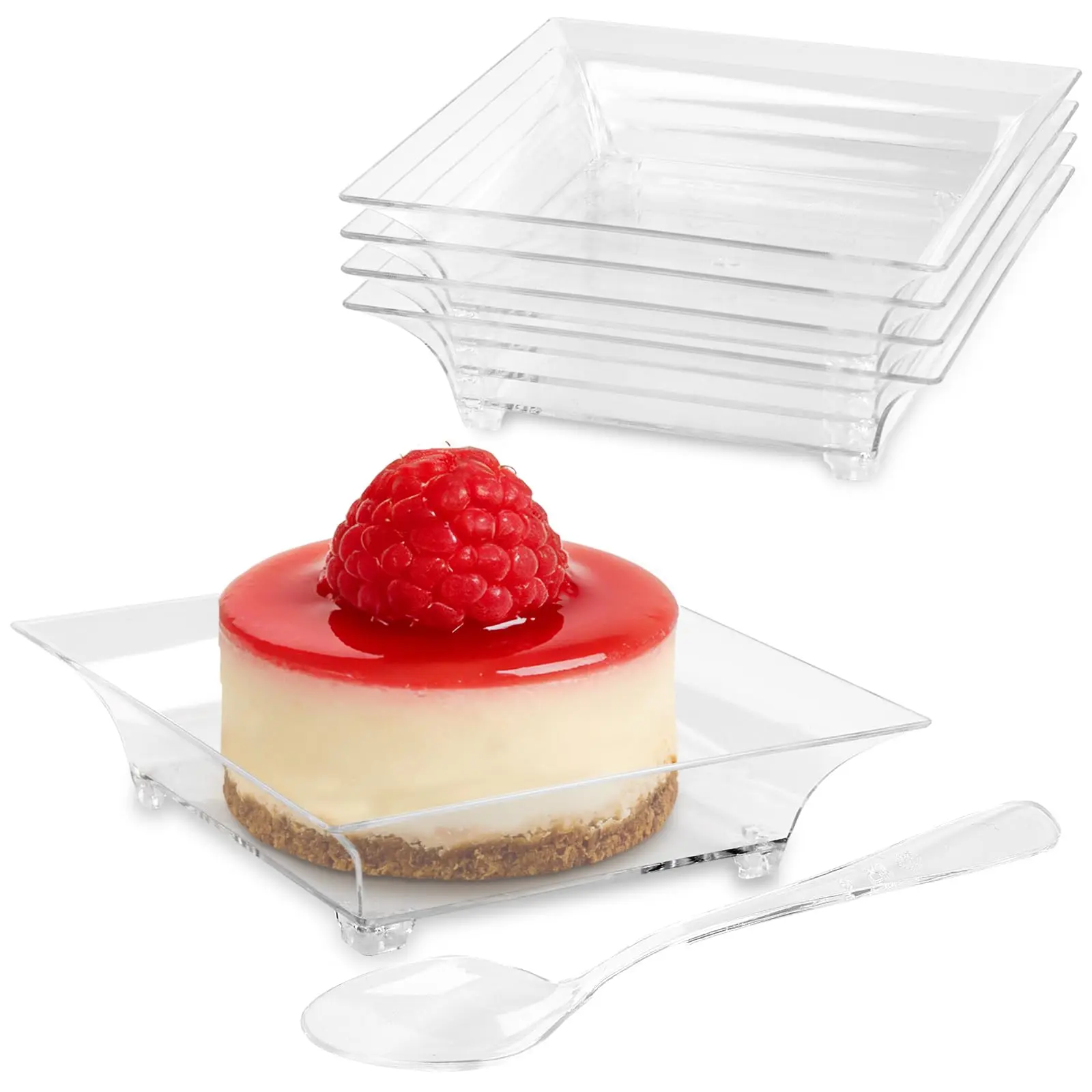 Disposable 1 oz Square Mini Dessert Plates with Spoons, 100 Pack - Small Plastic Appetizer Trays, Hors D'oeuvres Serving Ware, Freezer Safe