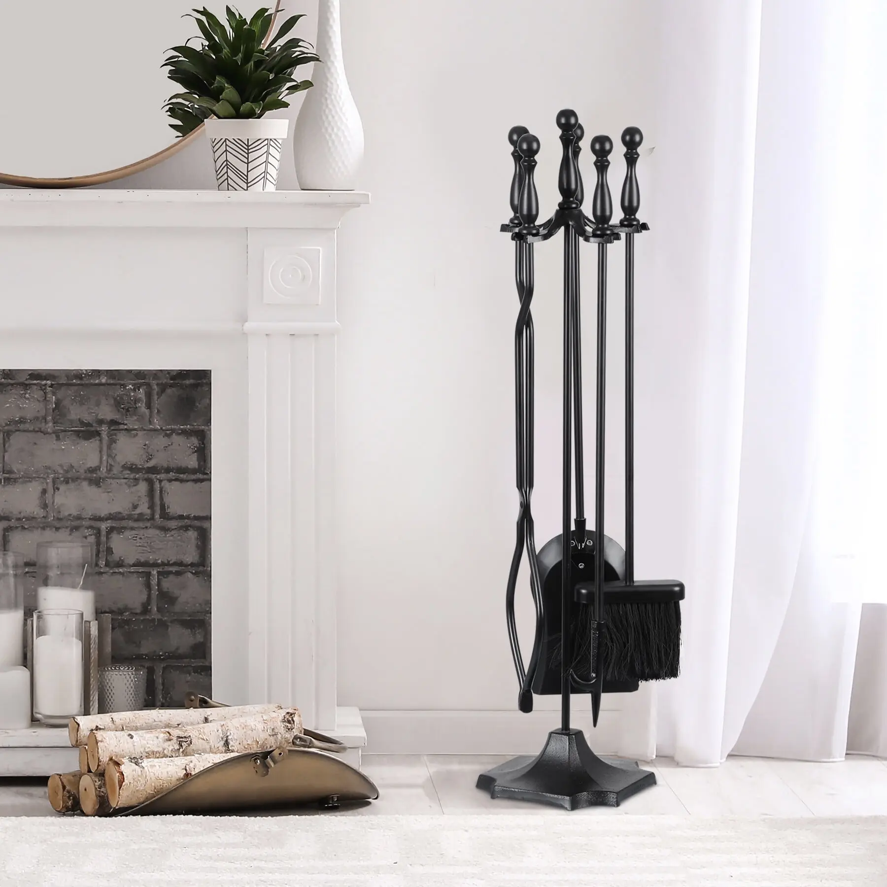 Segawe 5-Piece Wrought Iron Fireplace Tools Kit with Shovel - Sturdy Metal Frame Stand, Modern Black Indoor Home Stove Accessories