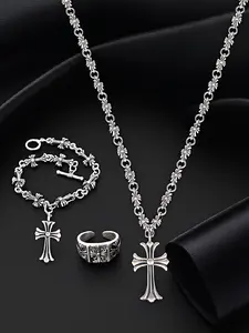 Three-Piece Vintage Silver Stylish Cross Necklace + Bracelet + Ring, Bracelet Ring Set, With OT Clasp, Suitable For Parties, Date Nights And Daily Wear, An Ideal Gift For Loved Ones