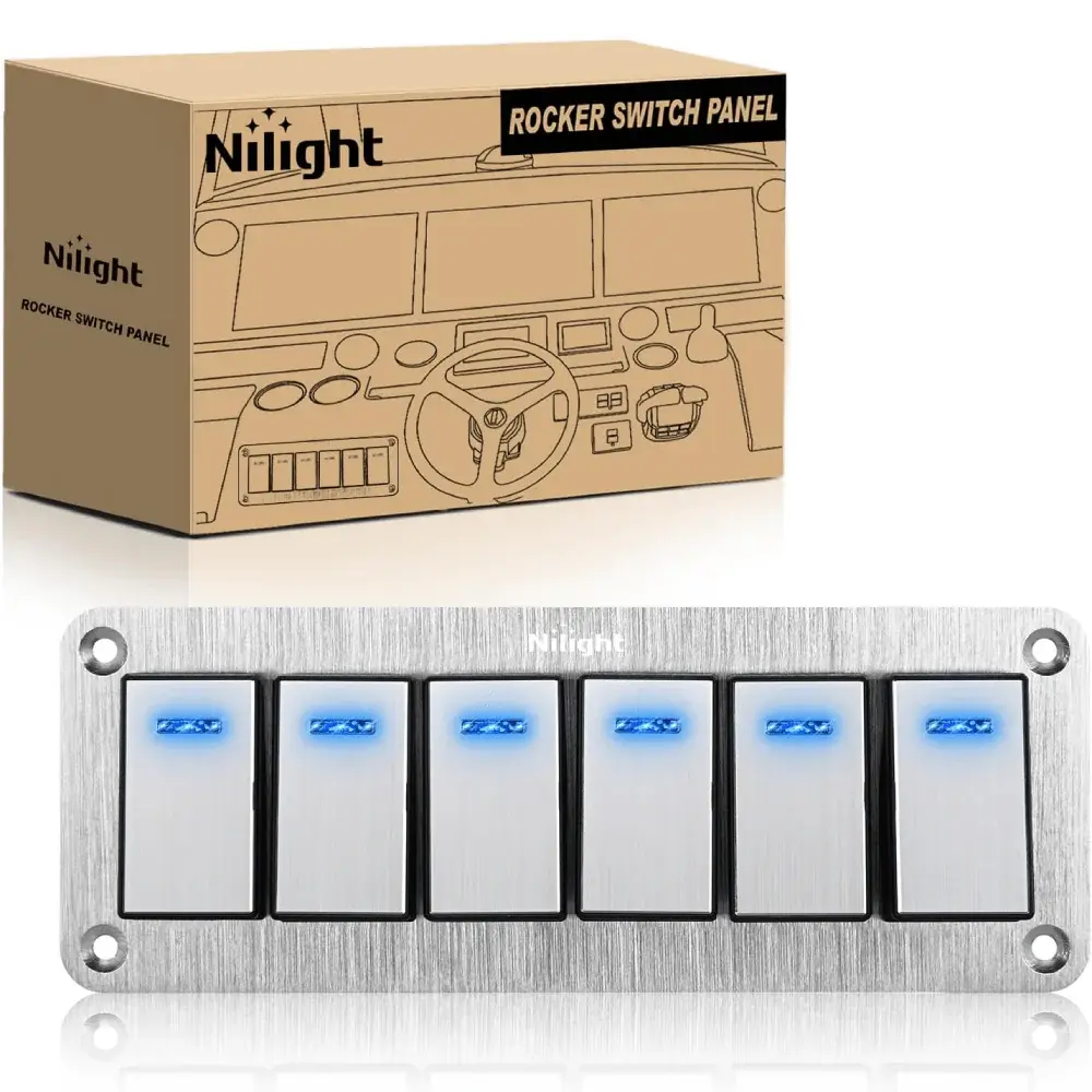 Nilight 6-Gang Pre-Wired Rocker Switch Panel - 3-Pin SPST Toggle with Blue LED Lights, Waterproof Aluminum Switchboard, 12V/24V for Cars, Ships, Motorcycles, ATVs, DIY Stickers Included, Durable Design, Motorcycle