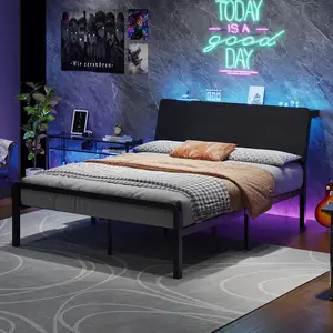 [summervibes] HOMBCK Bed Frame with Ergonomic Storage Headboard, Platform Metal Bed with LED Lights, Heavy Duty Metal Slats, No Box Spring Needed, Easy Assembly