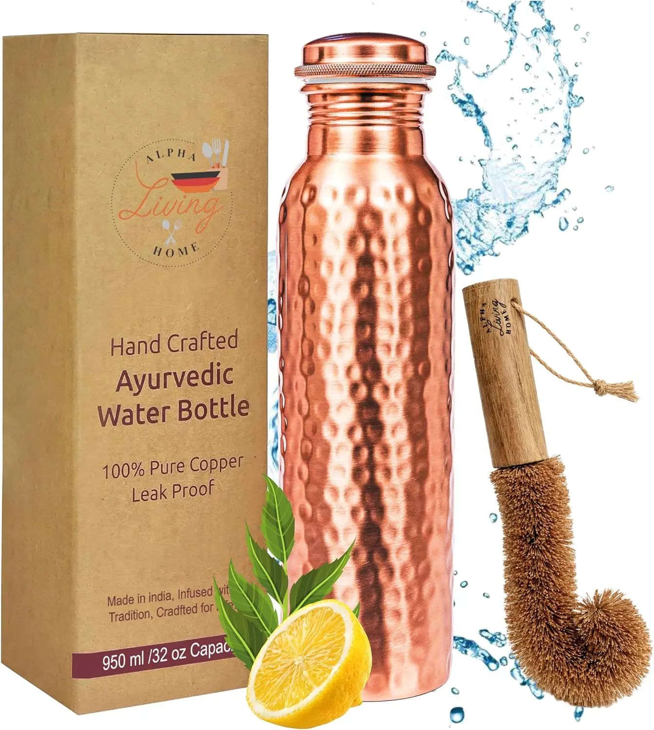 Copper Water Bottle 32 Oz Extra Large,Real Copper Water Bottle,Pure Drinking Bottle,Hammered Ayurvedic Bottle for Drinking Water, Leak Proof Vessel Cap with Cleaning Brush