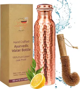 Copper Water Bottle 32 Oz Extra Large,Real Copper Water Bottle,Pure Drinking Bottle,Hammered Ayurvedic Bottle for Drinking Water, Leak Proof Vessel Cap with Cleaning Brush