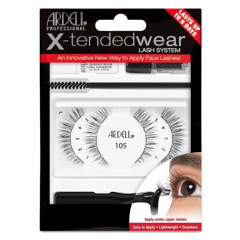 Ardell X-Tended Wear Eyelash System Kit #105 - Lightweight False Eyelashes, Easy-Apply Cosmetic Accessory with Acrylates/Ethylhexyl Acrylate Copolymer (Beauty & Personal Care Makeup), Seamless, Adults, Faux Lash Look, Long Lasting, Strip, American Interna