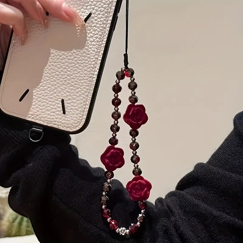 1pc Gothic Red Velvet Rose Bead Phone Pendant - Stylish Acrylic Keychain and Bag Hanging Ornament with Intricate Floral Design, Perfect for Phones and Accessories, Keychain Phone Pendant, Phone Charm, Phone Accessory