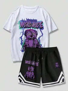 Men's 2pcs Cartoon Bear Graphic Print Soft Crewneck Tee & Drawstring Waist Stretch Shorts Set, Casual Fashion Round Neck Short Sleeve T-shirt & Pocket Shorts, National Day Clothing, Summer Outfits Set, Menswear
