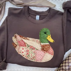 FAUX Quilted Mallard Duck Sweatsshirt, Patchwork Duck Graphic Shirt, Cottagecore Farm Animal Sweatshirt, Print Shirt