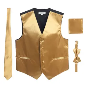 Gioberti Men's Formal 4pc Satin Vest Necktie Bowtie and Pocket Square, Gold, Small