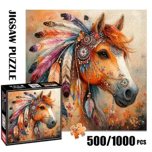 1pc 1000 piece adult puzzle 58x58cm Colorful Feathered and Embellished Horse Head Artwork 500 pieces paper jigsaw puzzle suitable for DIY creative games for adults and families, birthday and holiday