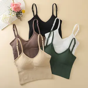 Women's Padded Bralettes - Adjustable Spaghetti Strap Seamless Cami Bra, Longline Crop Tank Top for Sleep, Workout & Yoga with Support