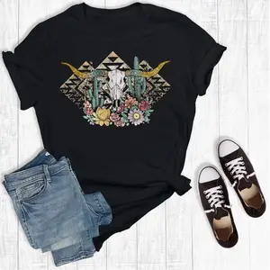 Western Longhorn Aztec Graphic Tee, Trendy Aztec T-shirt Western Cowgirl Vintage Design Shirt, Cute Rodeo T-shirt Southwestern Shirt