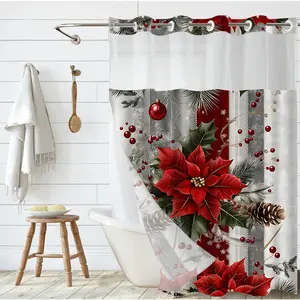 Winter No Hooks Shower Curtain,Printed With Red Floral Patterns,With Waterproof Lining,Detachable for Cleaning