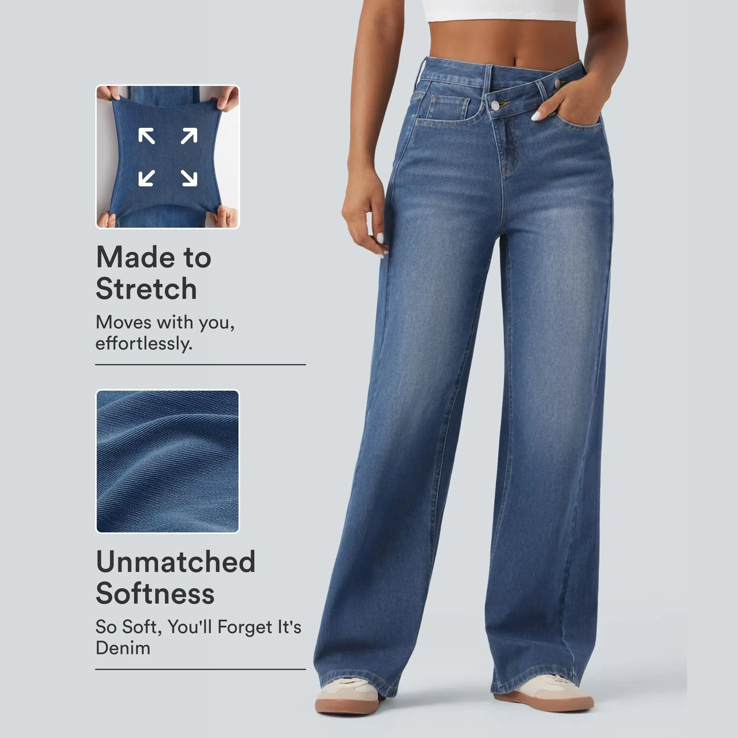 Halara Flex Asymmetric High Waisted Washed Casual Baggy Jeans with Pockets